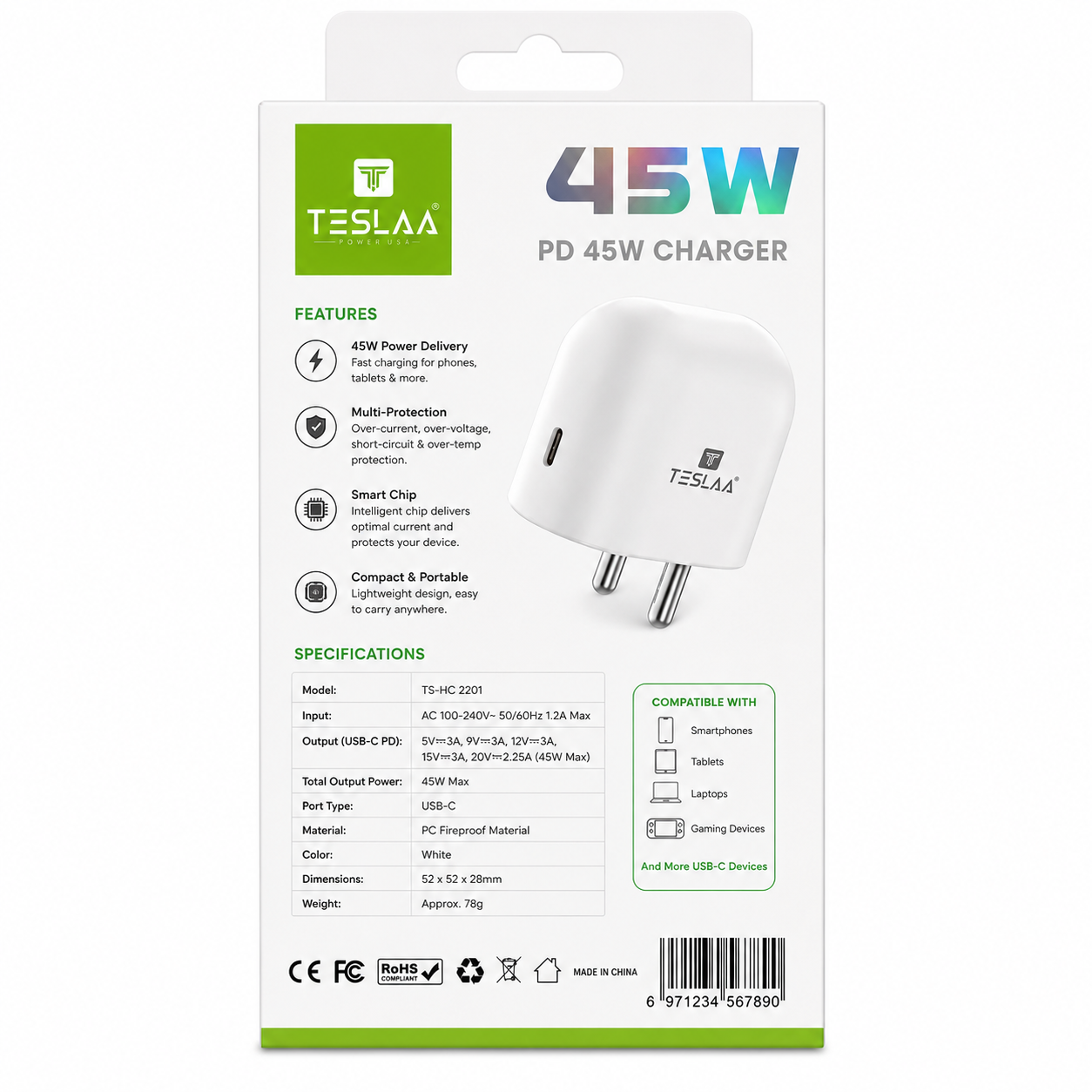 Teslaa | Mobile Charger | TS-HC 2201 | Fast Charging Adapter