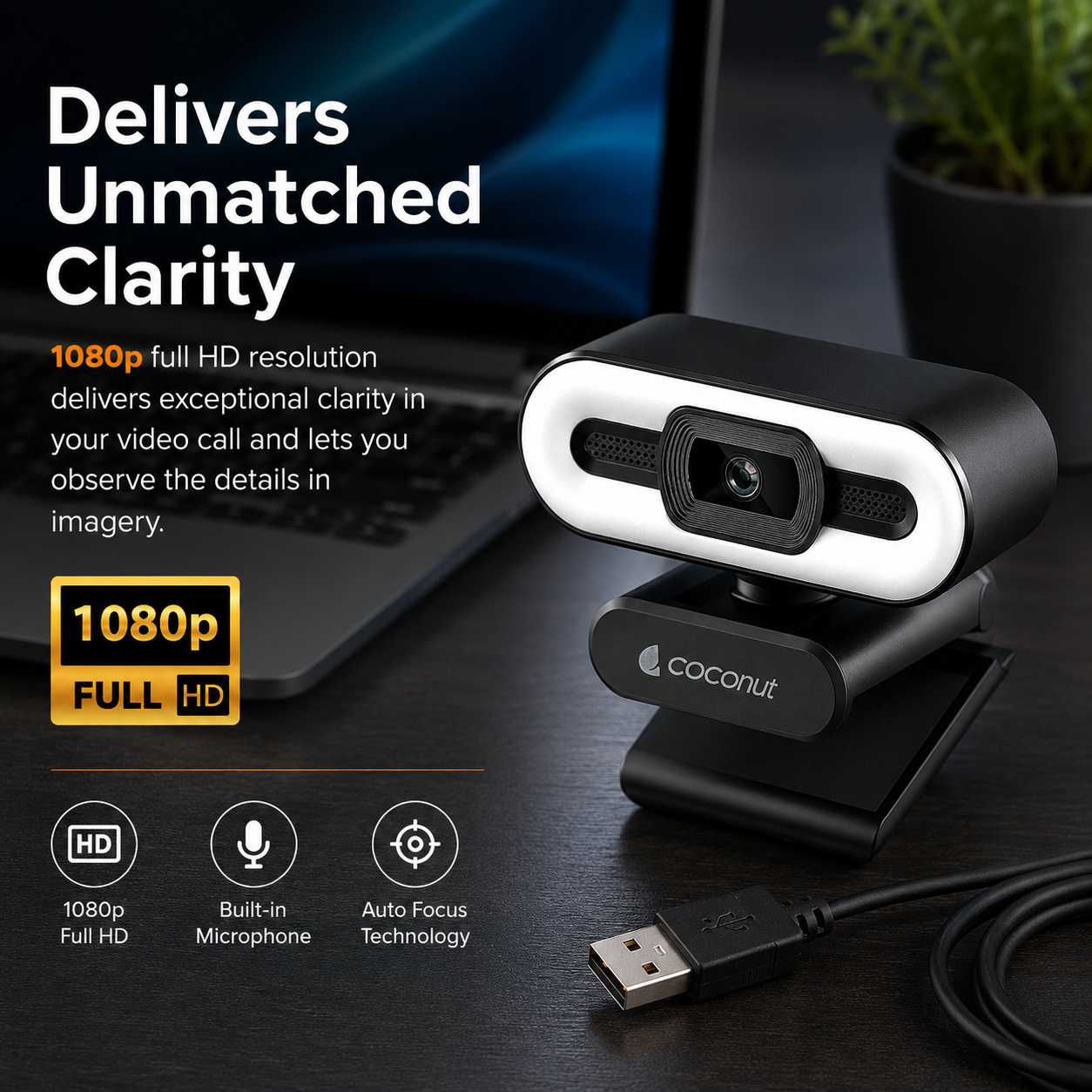 Coconut CAM 11 USB Web Camera | HD Webcam with Built-in Microphone | Video Calling Camera for PC & Laptop