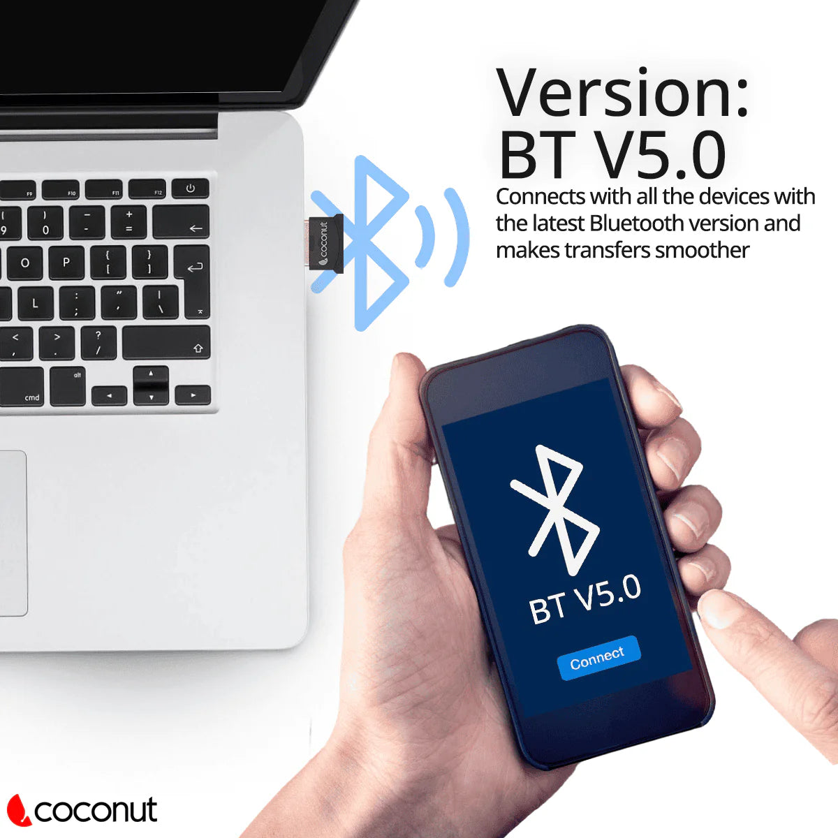 COCONUT WA03 Bluetooth Adapter | Bluetooth 5.0 USB Dongle | Gold Plated Connector | 10M Range
