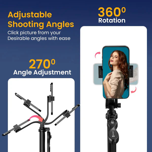 Portronics LumiStick Pro POR 2064 Selfie Stick | Bluetooth Selfie Stick Tripod with Remote