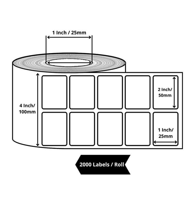 True-Ally | Direct Thermal Barcode Labels | 50mm x 25mm | 2" x 1" | 2-Up | 2 Rolls (4000 Labels) | White Self-Adhesive