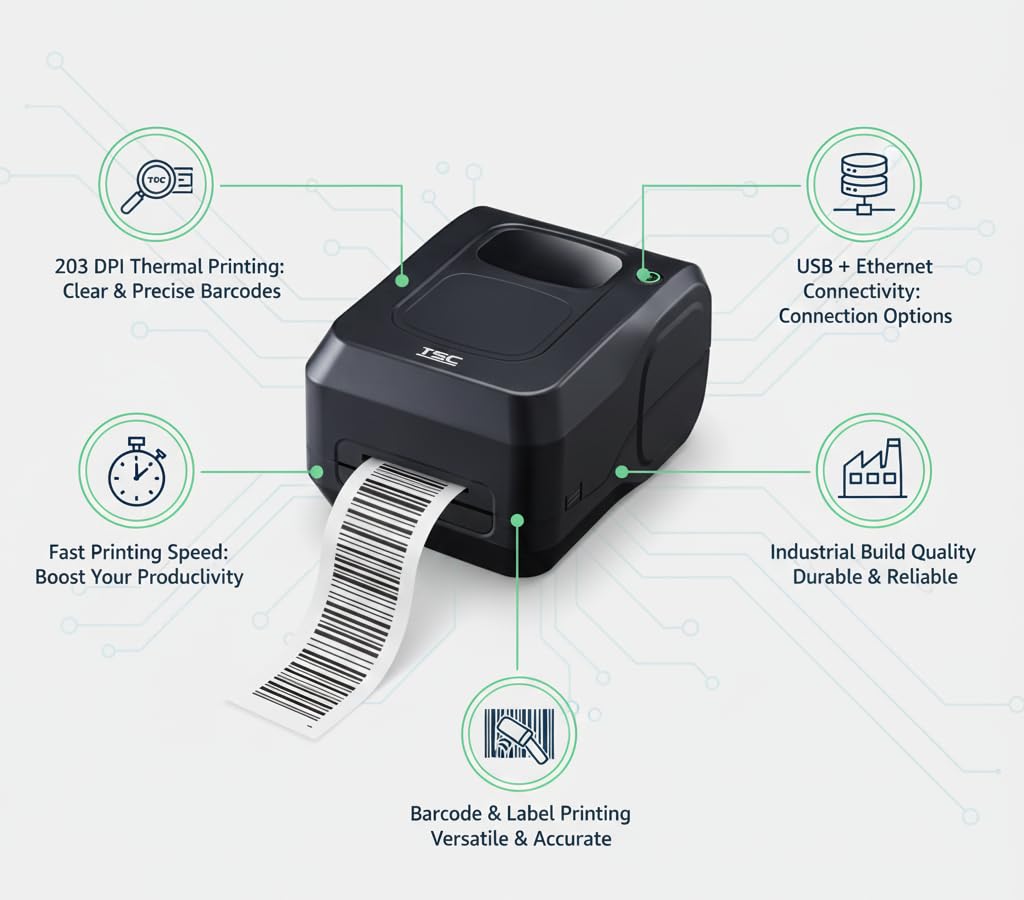 TSC | TL-240 Thermal Transfer Barcode Label Printer | 203 DPI | USB | Ethernet | Serial | 4 Inch | Black