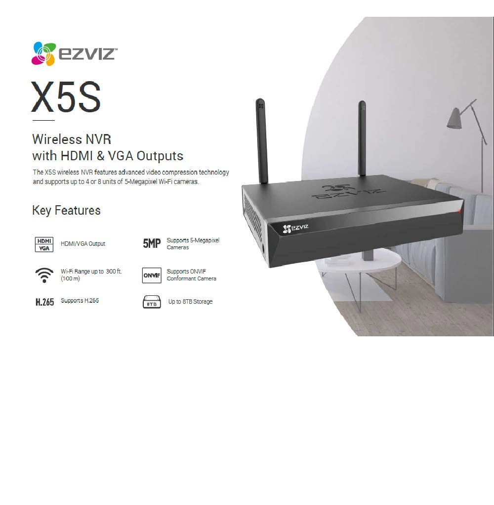 EZVIZ | X5S-8W Wireless NVR | 8 Channel Wi-Fi Network Video Recorder | HDMI & VGA | Supports 8TB HDD | White