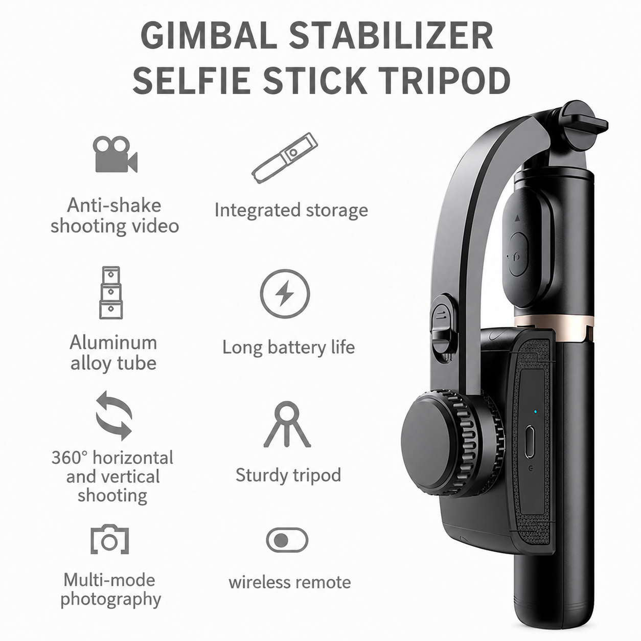 C08 Gimbal Stabilizer Selfie Stick | Bluetooth Selfie Stick Tripod | Smartphone Stabilizer with Remote