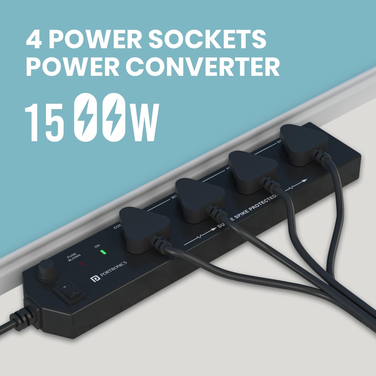 PORTRONICS | Power Plate 10 Extension Board | 4 Universal Sockets | 2 Meter Cord | 1500W | POR-1626 | Black