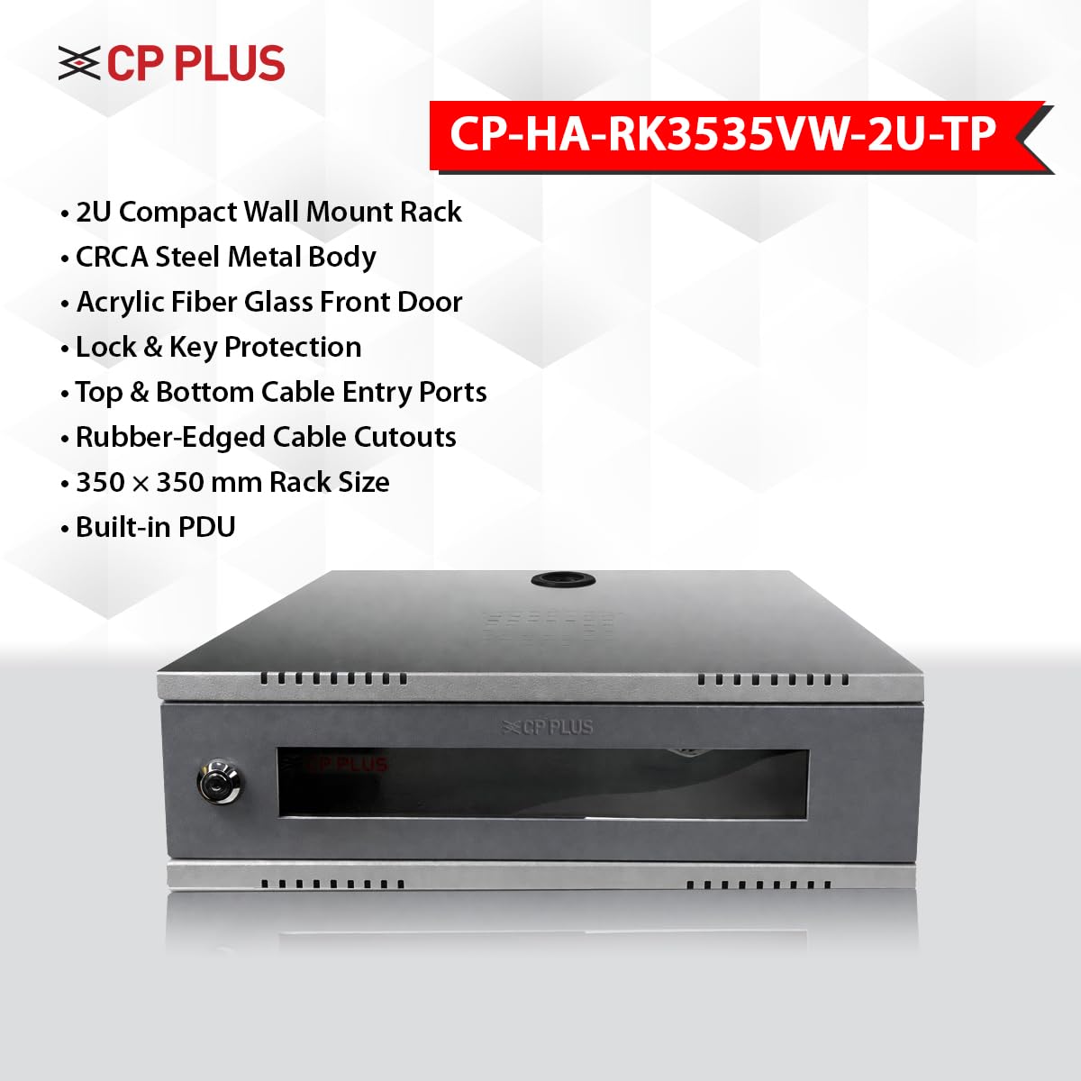 CP PLUS | 2U CCTV DVR NVR Rack Cabinet | 350×350mm Wall Mount Network Rack | Acrylic Glass Door | CRCA Steel | CP-HA-RK3535VW-2U-TP