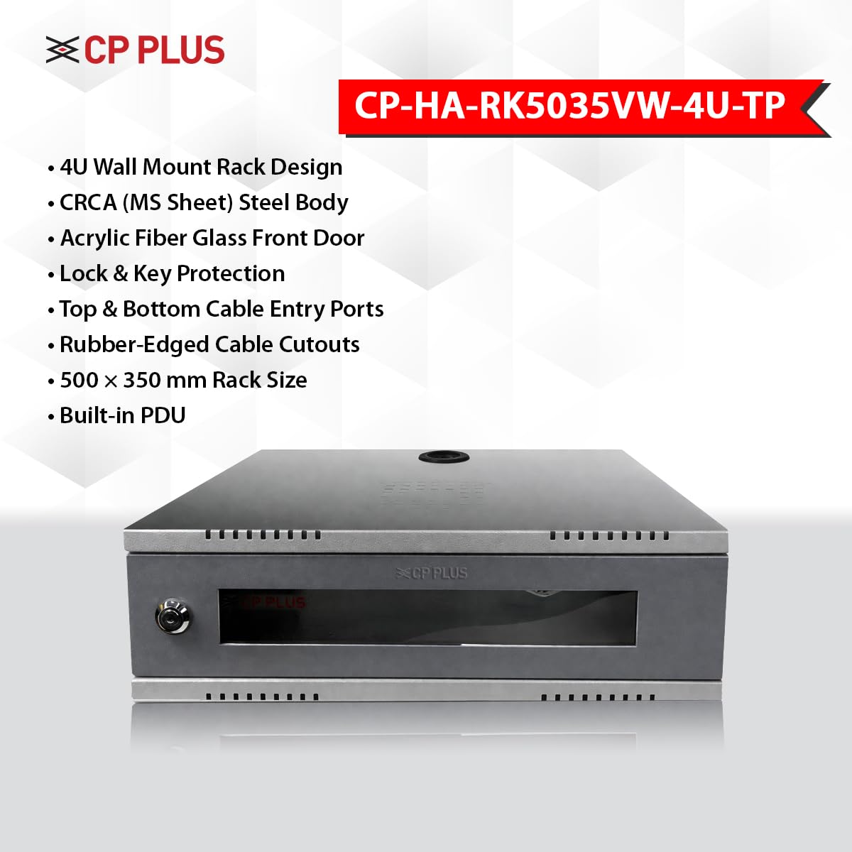 CP PLUS | 4U CCTV DVR NVR Rack Cabinet | 500×350mm Wall Mount Network Rack | Acrylic Glass Door | CRCA Steel | CP-HA-RK5035VW-4U-TP