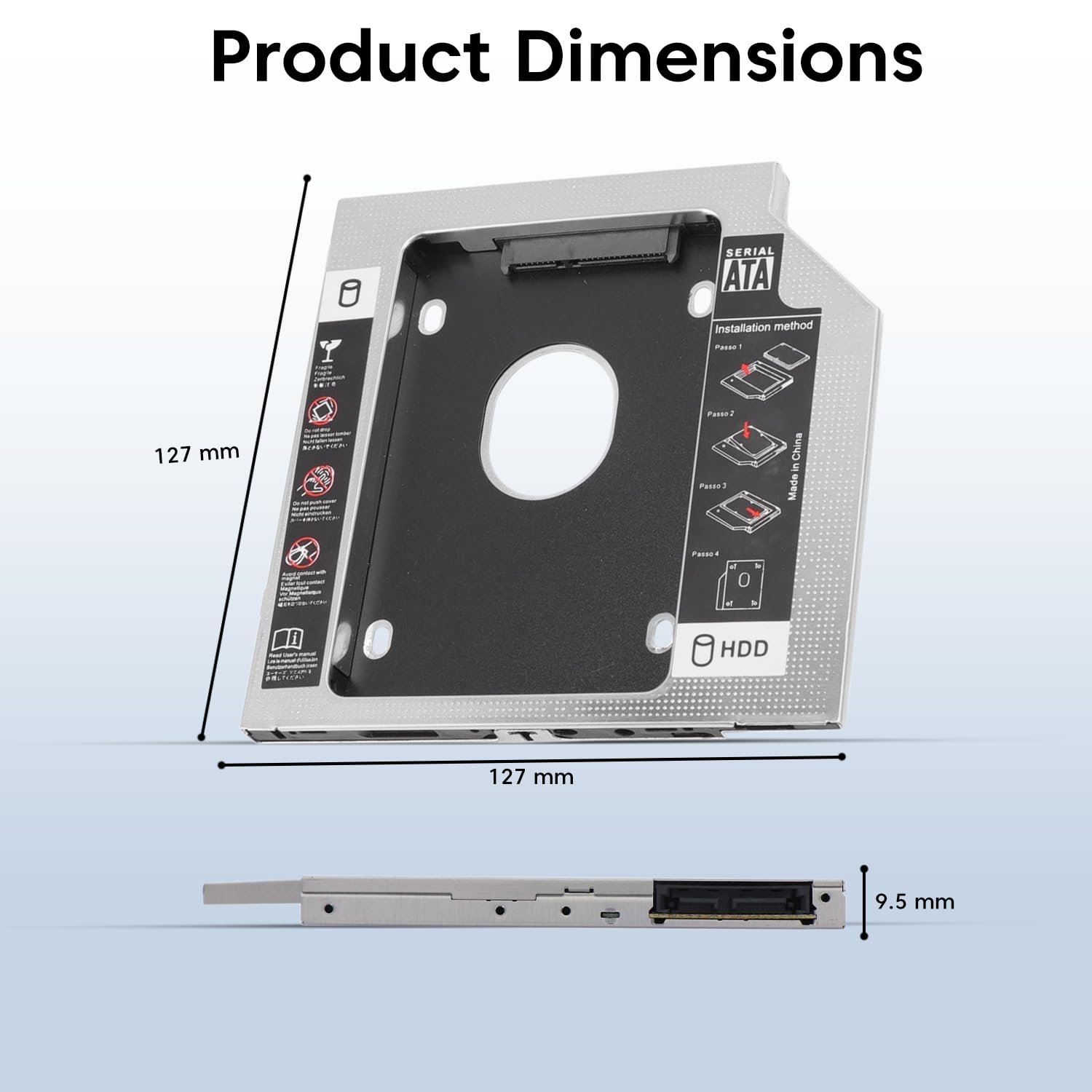 Sounce | 9.5mm Optical Bay Hard Drive Caddy | 2.5" SATA HDD/SSD Adapter | Laptop Storage Expansion | Silver