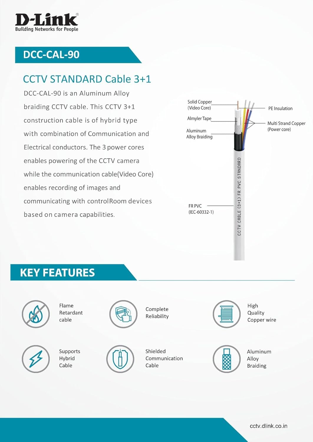 D-Link | 3+1 CCTV Camera Coaxial Cable | 90 Meter | BNC Compatible | White