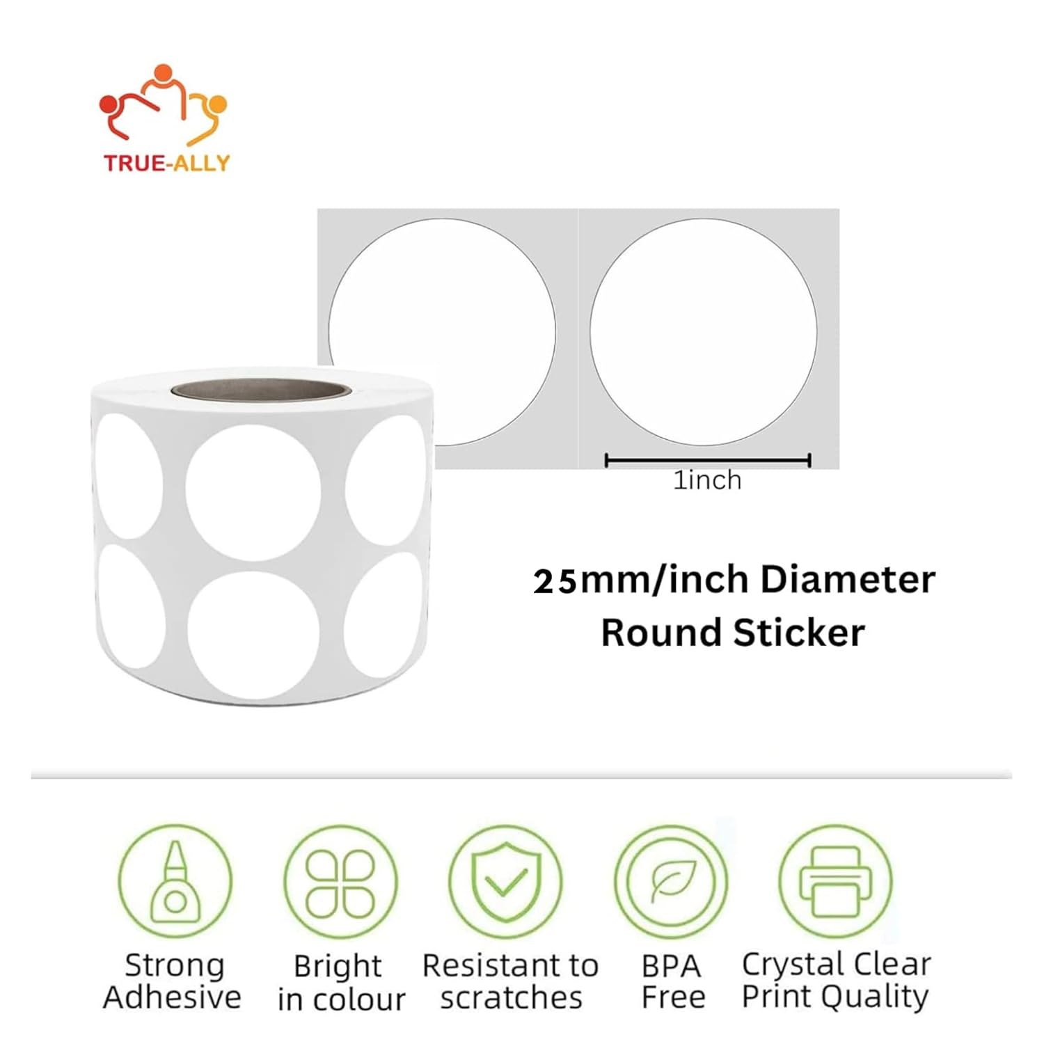 True-Ally | 25mm Round Chromo Barcode Labels | 1" Diameter | 2-Up | 2000 Labels/Roll | White Self-Adhesive