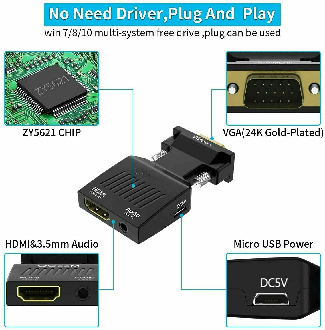 VGA to HDMI Converter with L/R Audio | VGA + RCA Audio to HDMI Adapter | Full HD Display Converter
