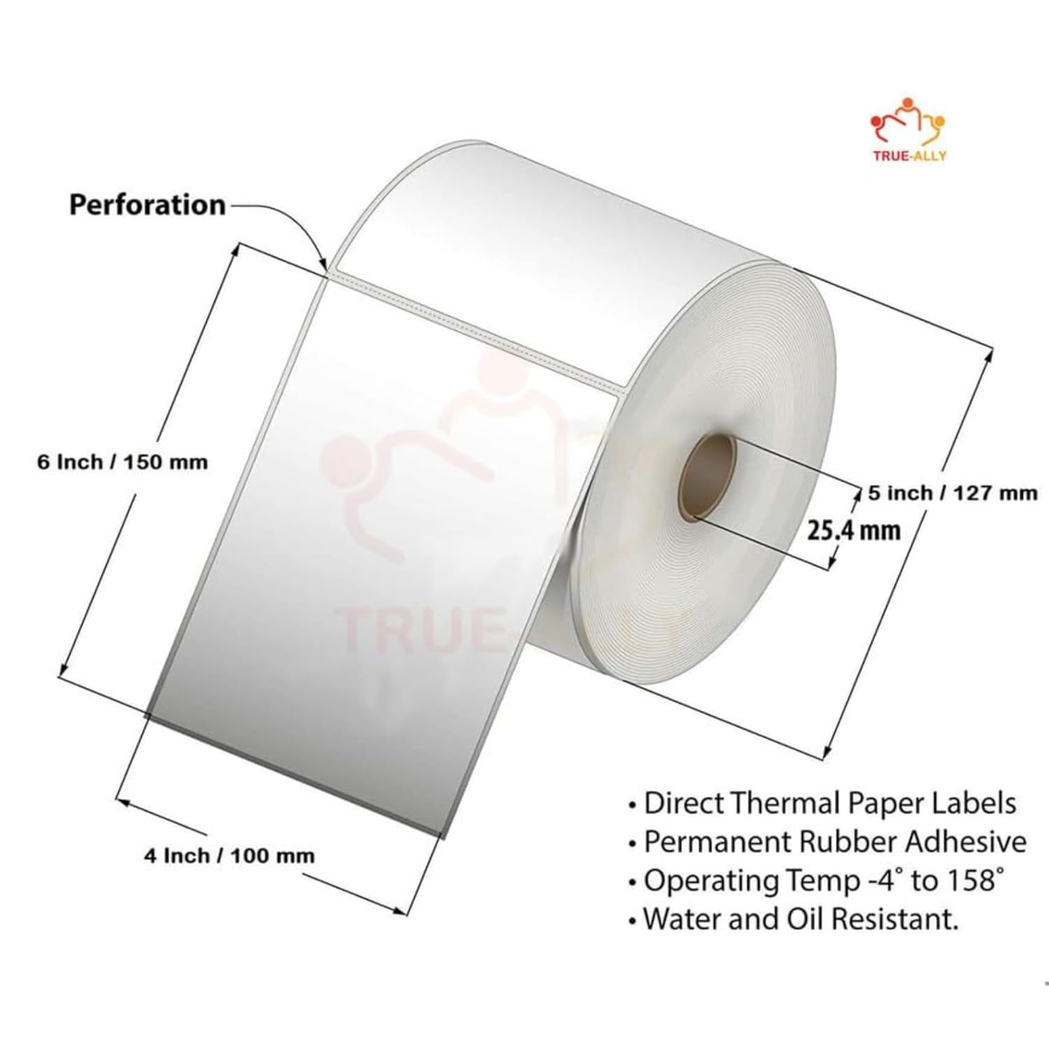 True-Ally | Direct Thermal Shipping Labels | 100mm x 150mm | 4" x 6" | 400 Labels/Roll | White Self-Adhesive