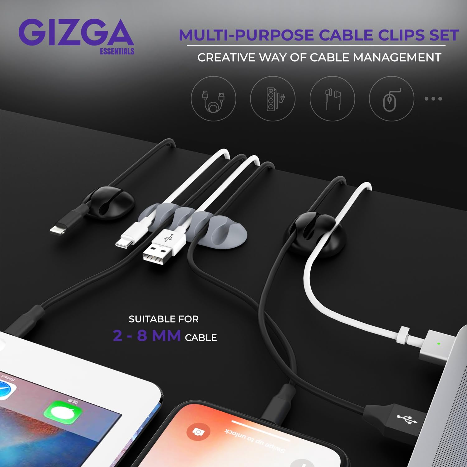 GIZGA Essentials | Silicone Cable Organizer Clips | G40 | Self-Adhesive Wire Holder | Pack of 10 | Black