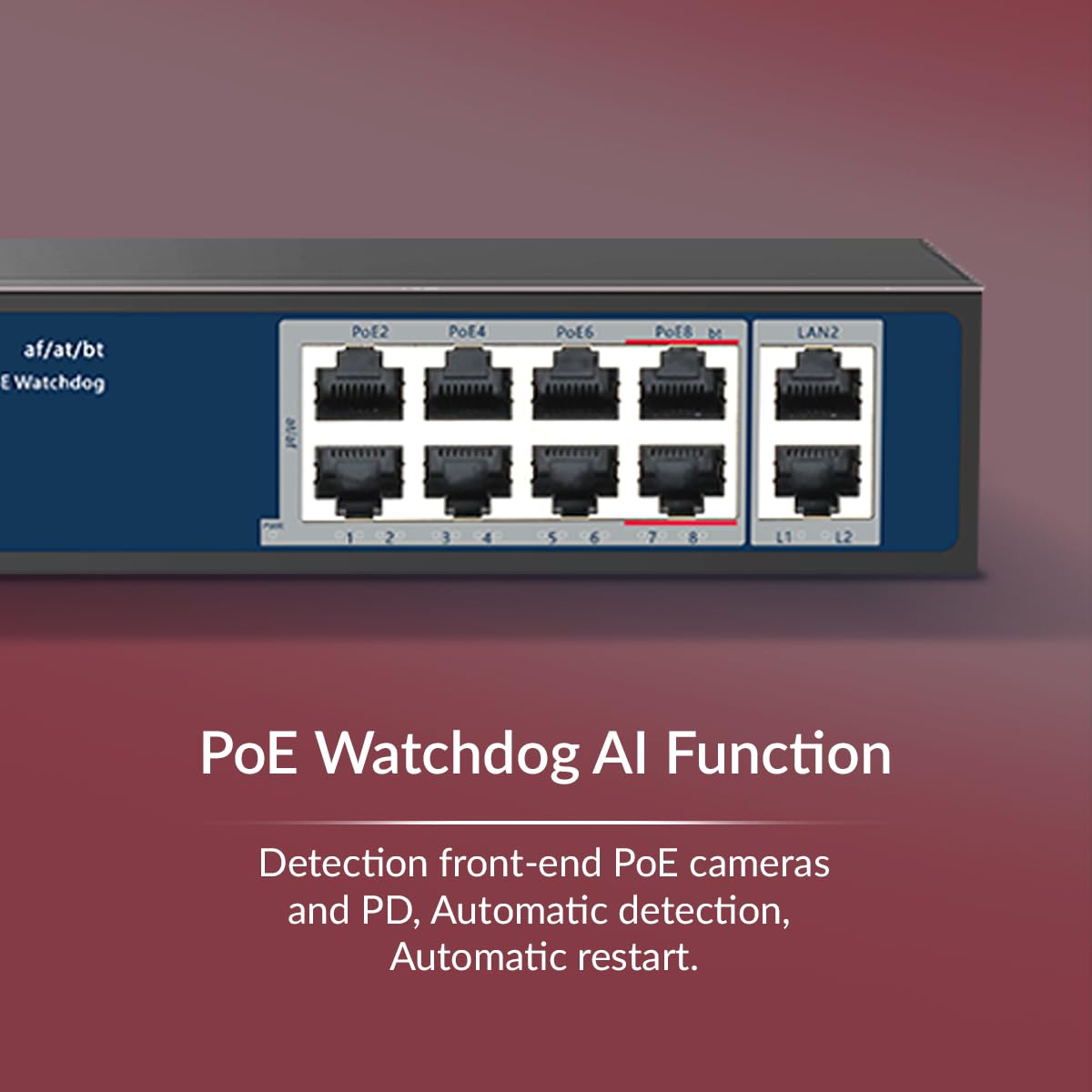 CP PLUS | CP-ANW-HPU8H2-N12 8 Port PoE Switch | 2 Uplink Ports | AI PoE Watchdog | High-Speed Ethernet Switch