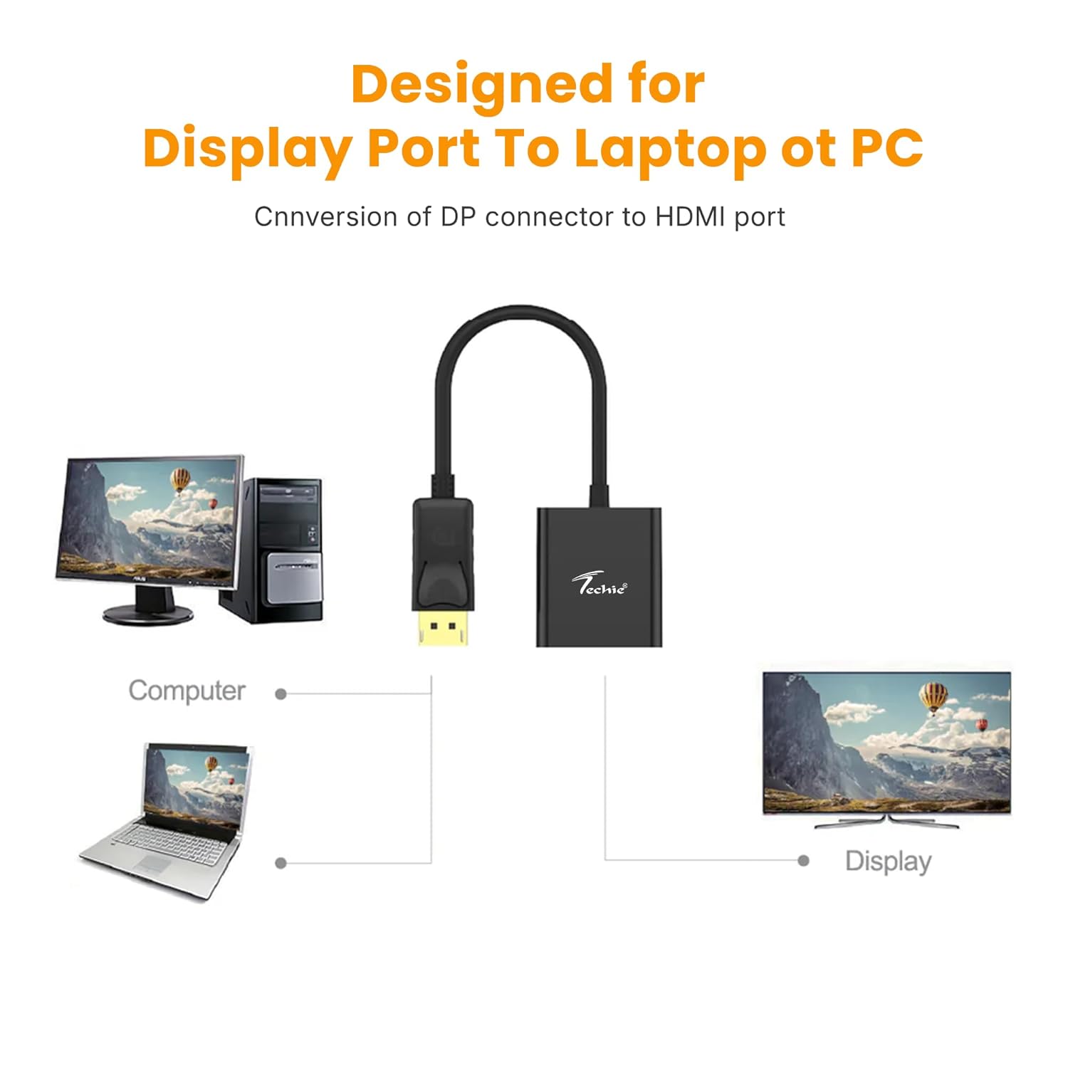 Techie | DisplayPort to HDMI 4K Converter | DP Male to HDMI Female Adapter | 3840×2160@30Hz | Plug & Play | Black