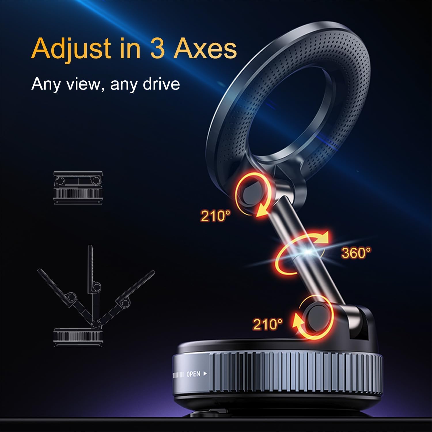 Auslese X68 MagGrip Magnetic Phone Mount | 360° Rotating Vacuum Suction Car Holder | Black