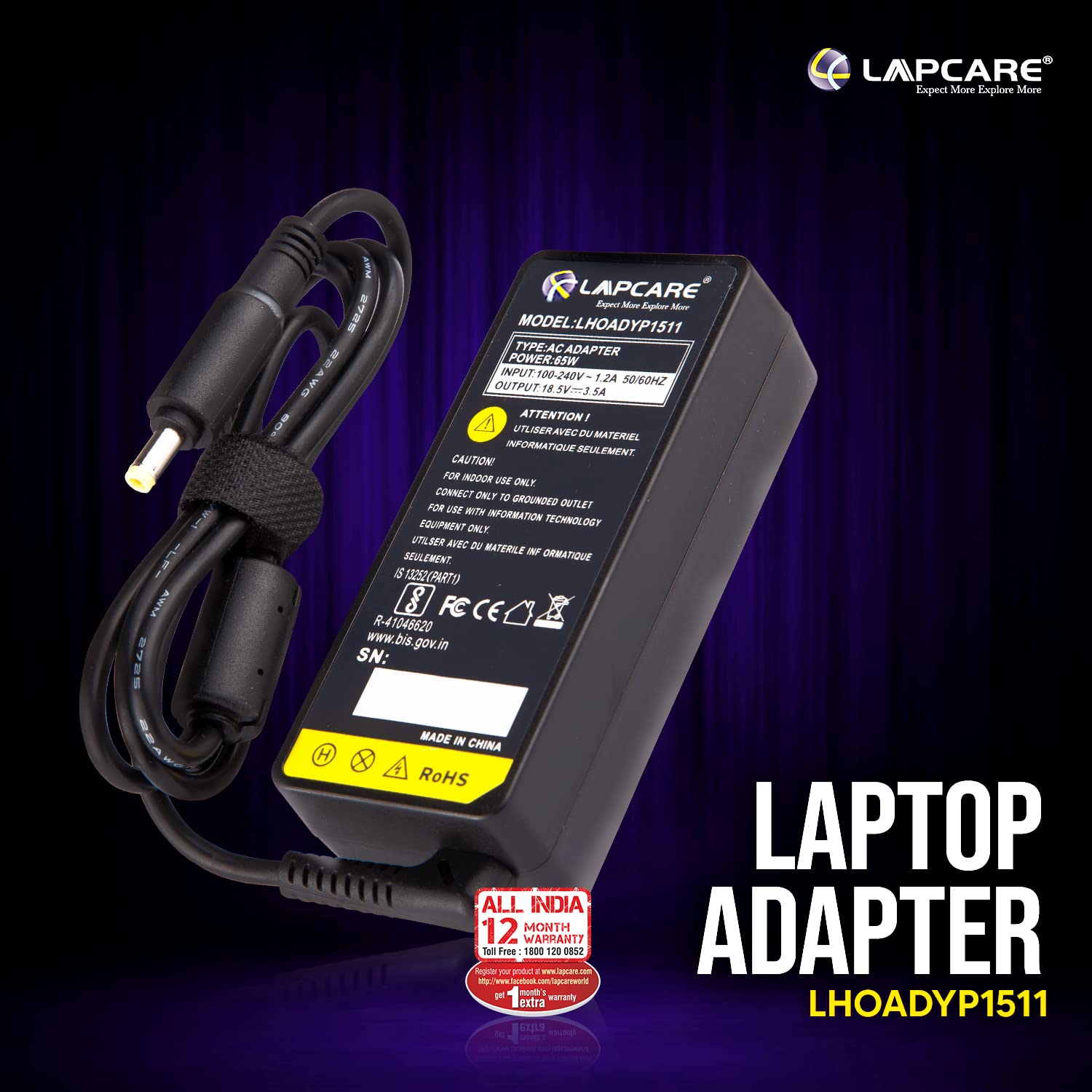 Lapcare 65W Laptop Charger for HP Yellow Pin | 19.5V 3.33A Power Adapter | HP Replacement Charger
