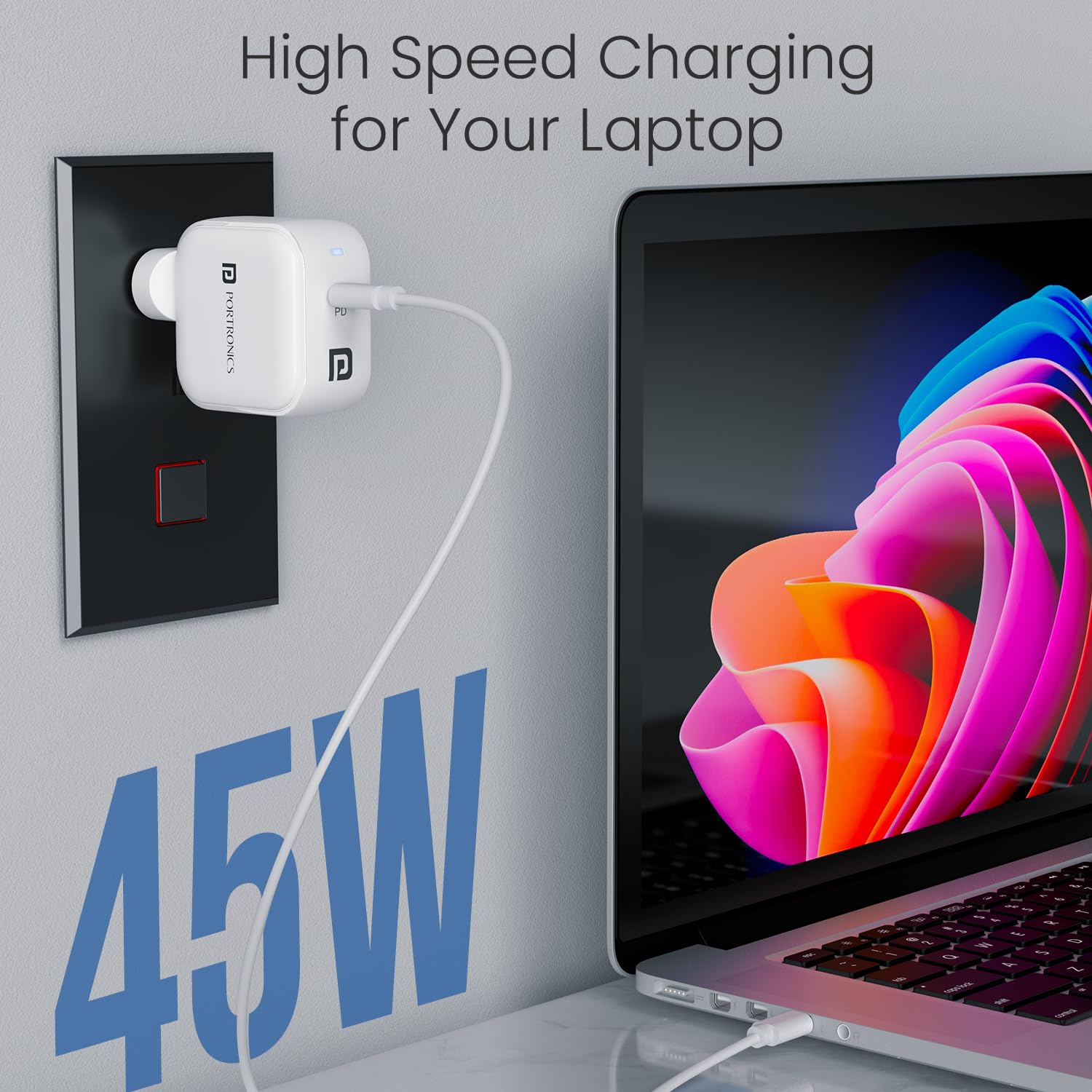 Portronics Adapto 45C | 45W Type-C Super Fast Charger | USB-C Cable Included