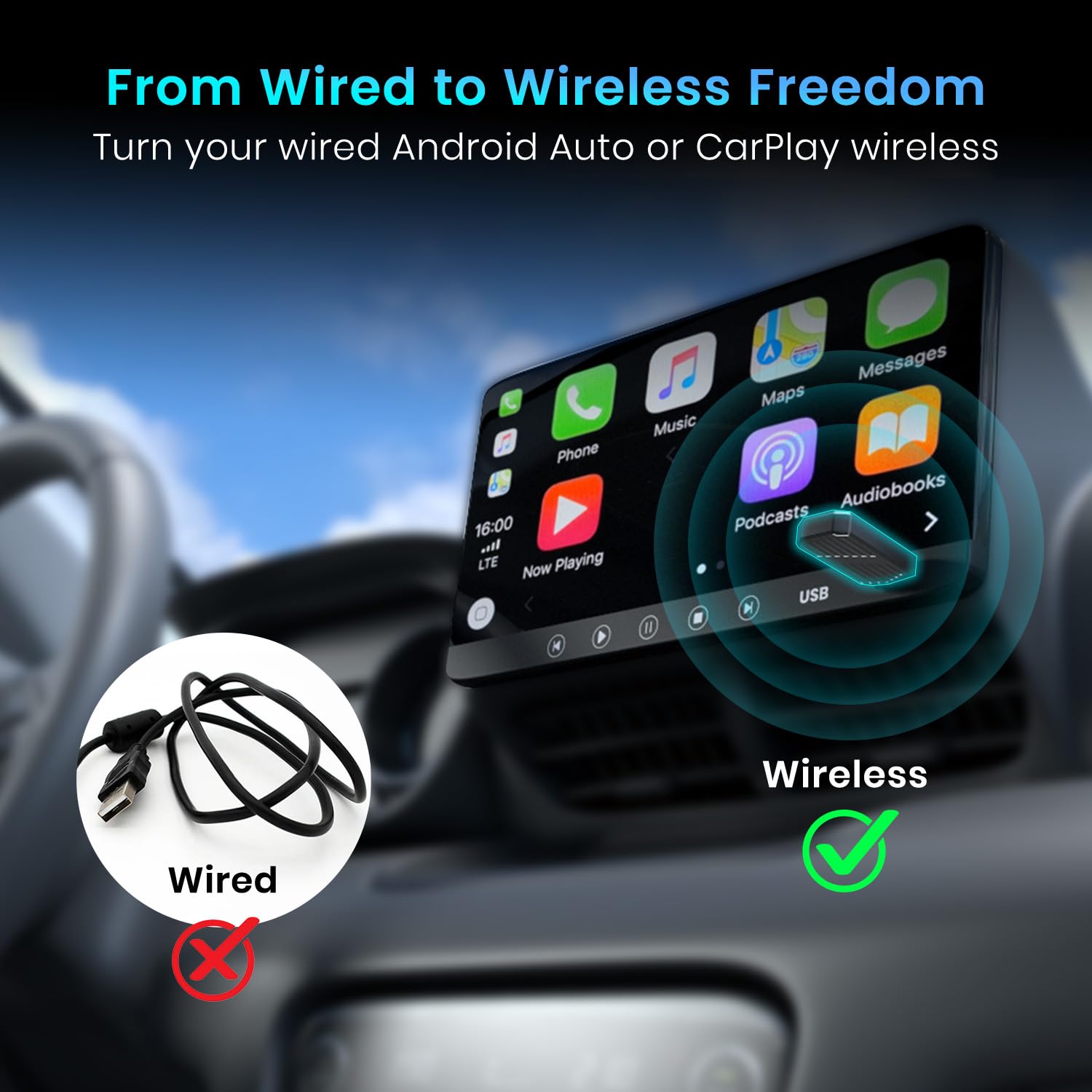 Portronics | Tune Wireless Android Auto & Apple CarPlay Adapter | Bluetooth Car Receiver | USB Type-A | Black