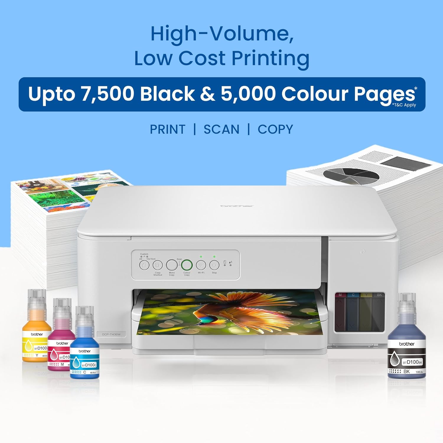 BROTHER | DCP-T436W Wi-Fi Ink Tank Printer | Print Scan Copy | Wireless All-in-One Color Printer | White