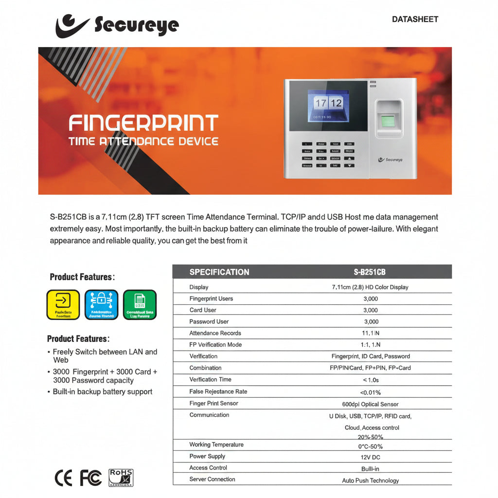 Secureye S-B251CB Cloud Based Fingerprint Time Attendance Device with Web Support SKU