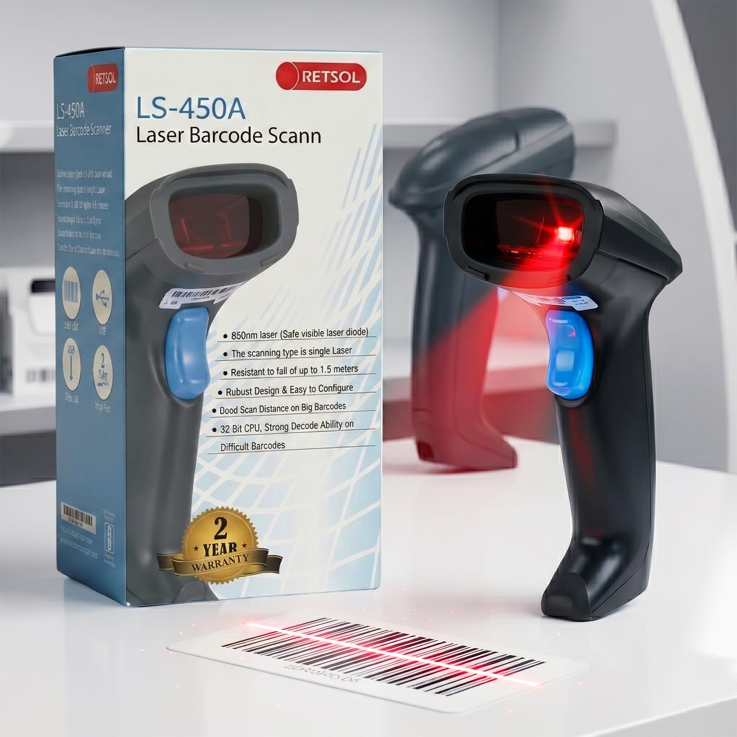 RETSOL LS 450A Laser Barcode Scanner | 1D USB Wired Handheld Reader | BIS Approved | Black