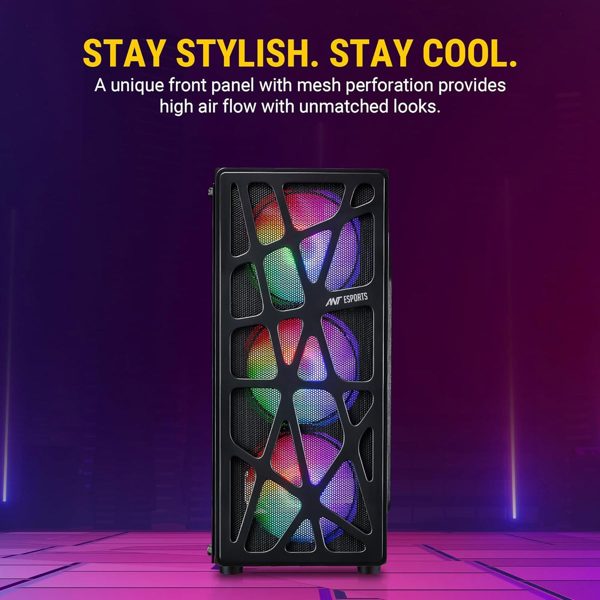 Ant Esports | Elite 1100 Mid Tower Gaming Cabinet | ATX, Micro ATX & Mini ITX | Tempered Glass | 4 Pre-Installed 120mm Rainbow Fans | Black