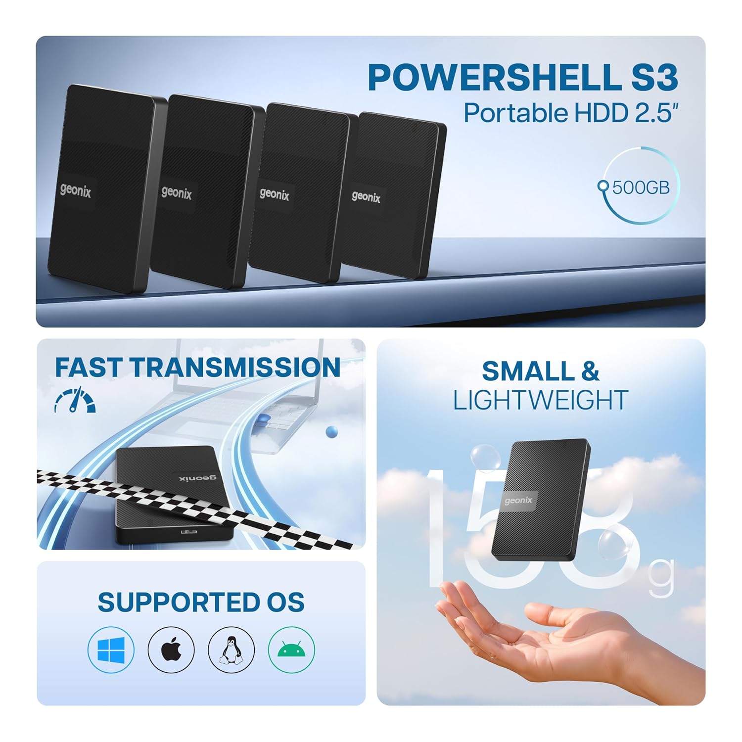 GEONIX | PowerShell S3 Portable External Hard Drive | GXPHDD03 | 500GB | USB 3.0 | 2.5" | Black | 3 Years Warranty