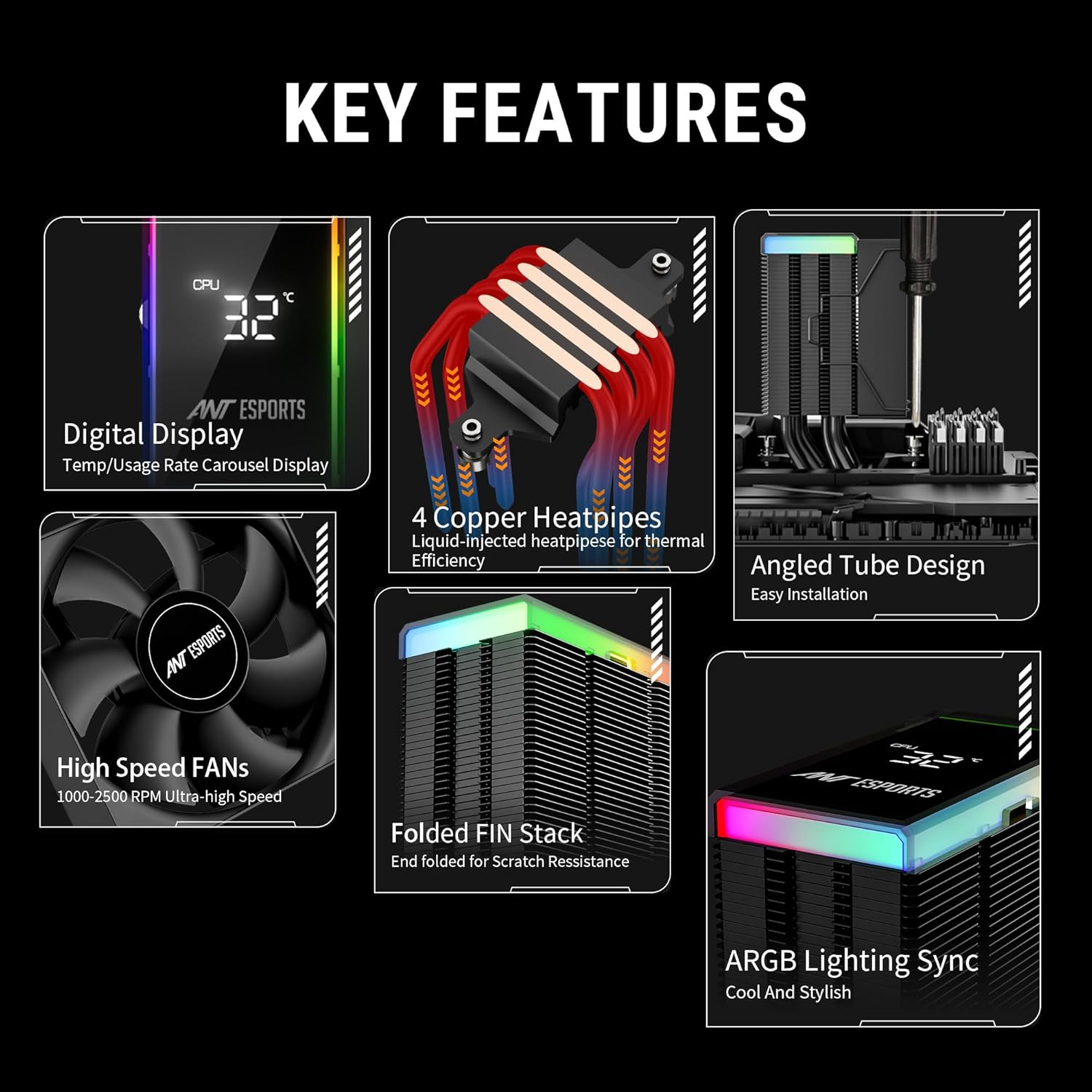 Ant Esports | V4 Digital ARGB CPU Air Cooler | LED Temperature Display | Intel LGA1851/1700 | AMD AM5/AM4