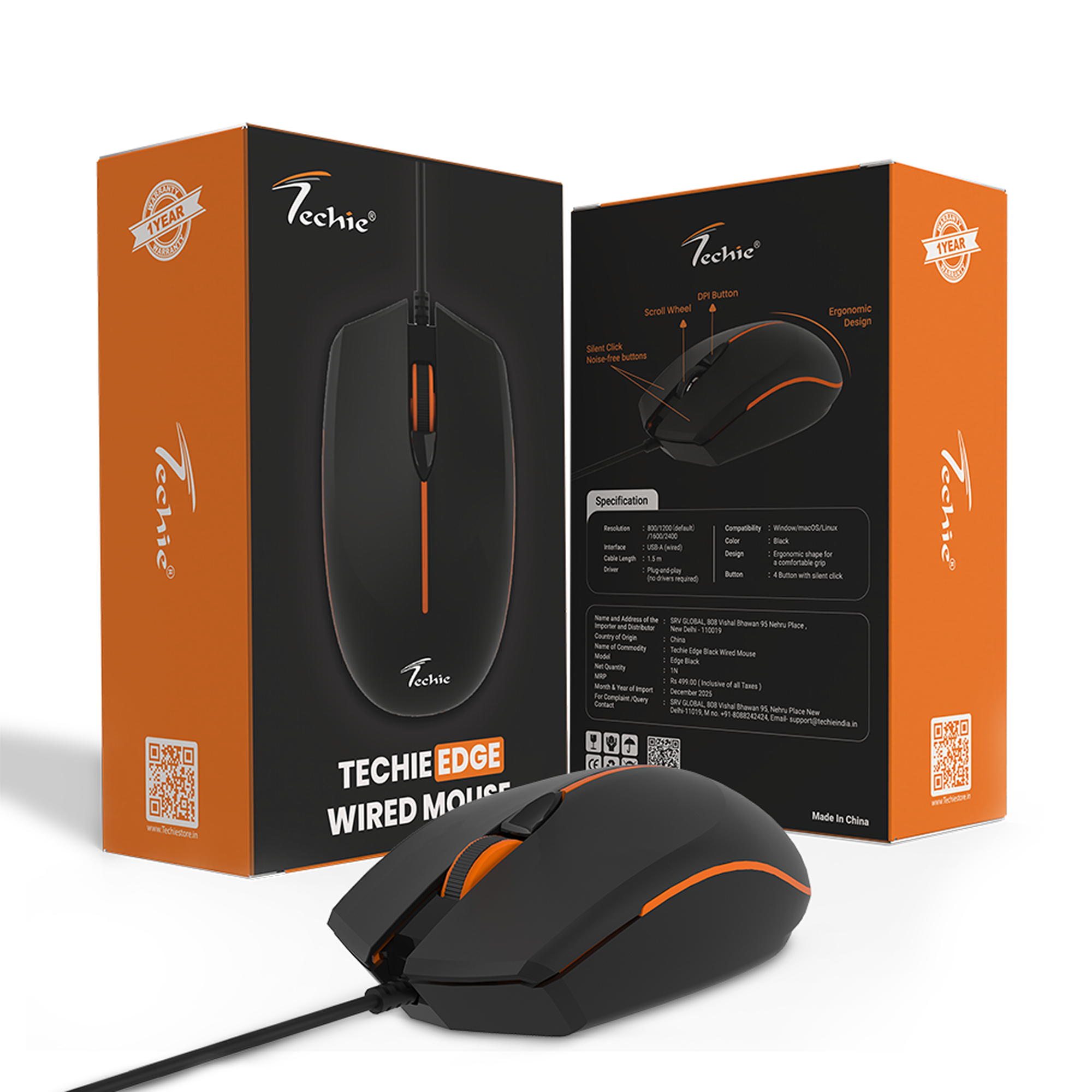 Techie Edge Black Wired Optical Mouse | USB Mouse for PC & Laptop | Ergonomic Computer Mouse