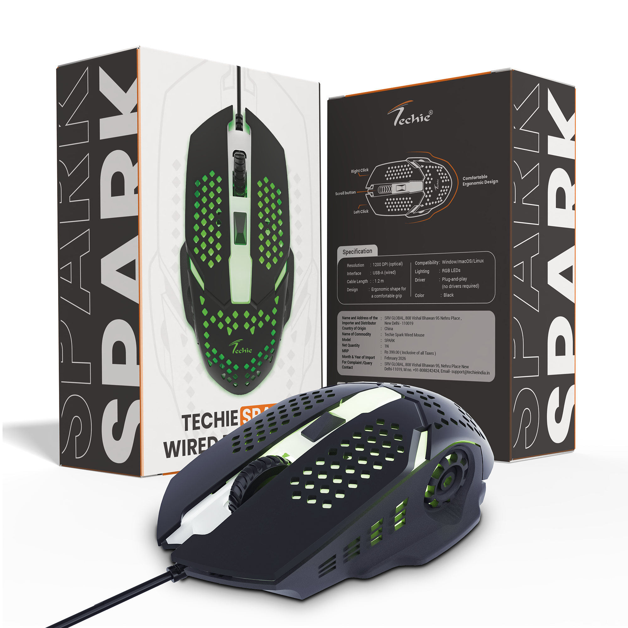 Techie Spark Wired Optical Mouse | USB Mouse for PC & Laptop | Ergonomic Computer Mouse