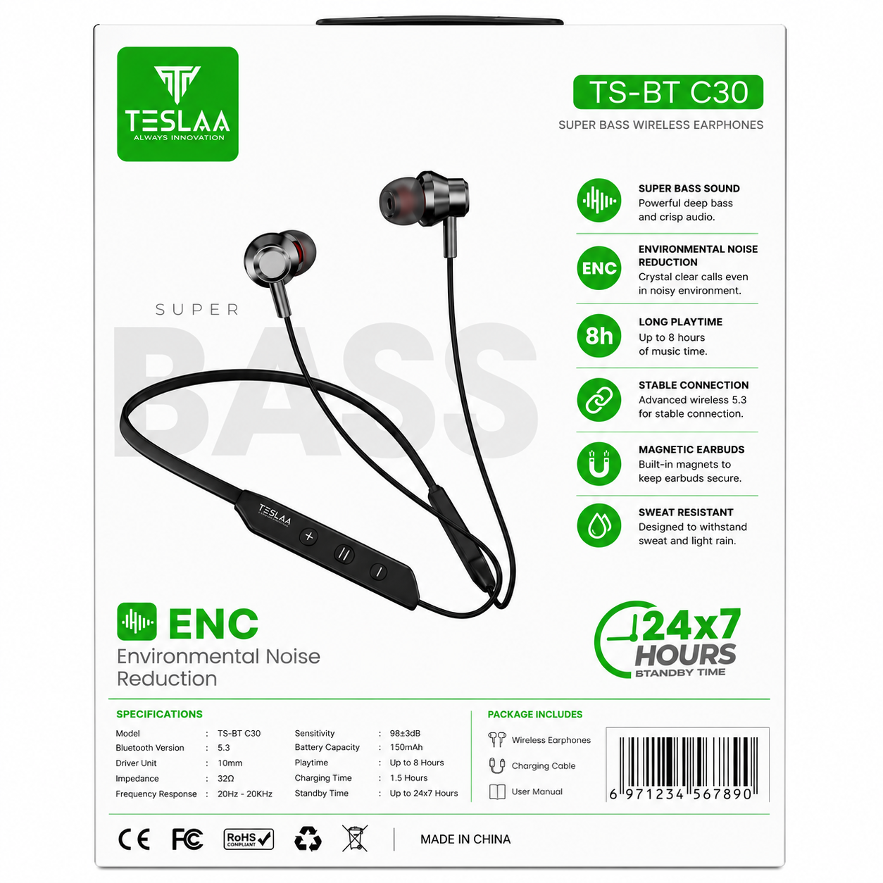 Teslaa | Neckband Earbuds | TS-BT C30 | Wireless Bluetooth Earphones