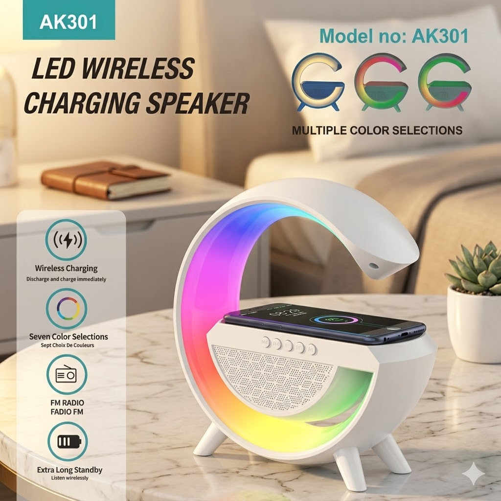 AK301 G-Shape Wireless Charging Speaker | Multicolor LED Effects | Bluetooth Speaker with Wireless Charger