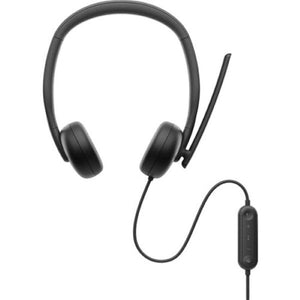 PcOffer Dell WH3024 black wired on-ear headset with AI noise cancellation and in-line controls.