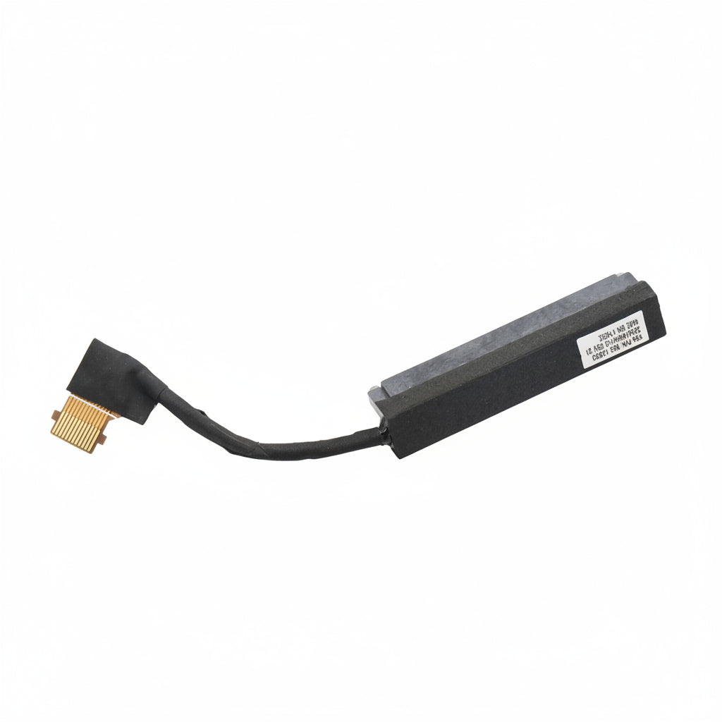Black electronic component with a gold connector on a white background