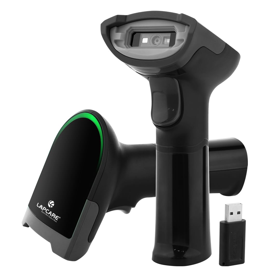 Lapcare 2D Wireless Barcode Scanner – 2.4G + Bluetooth | BIS Approved | Type-C Charging | Up to 50m Range | 1400mAh Battery | High-Speed POS Scanner