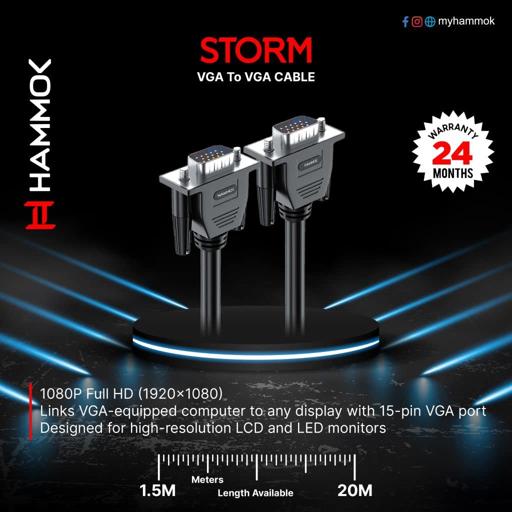HAMMOK Storm VGA to VGA Cable – 1.5M Length | 1080p/720p Video Support | PC, Laptop to Monitor/Projector | High-Quality VGA Display Cable