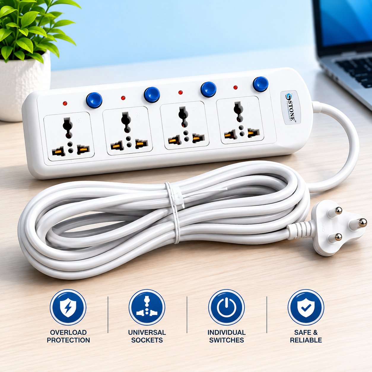 Stone ST-3004 Extension Box | Multi Plug Power Extension Board | Surge Protected Power Strip