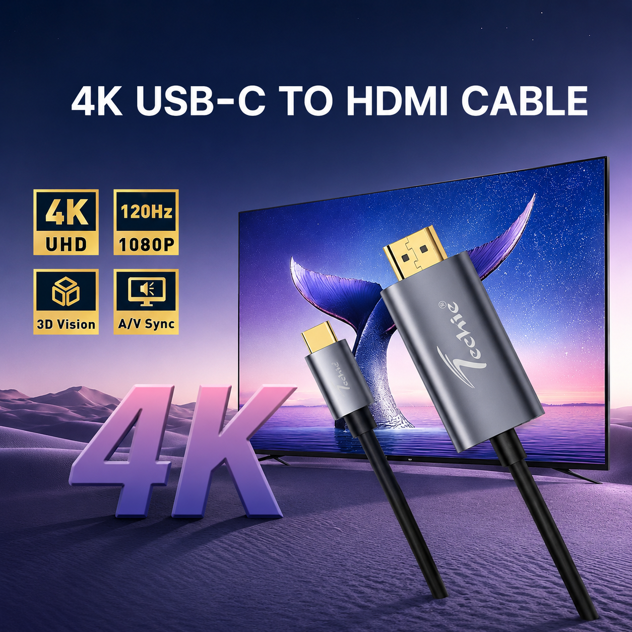 Techie TCCH4K1.5M USB Type-C to HDMI Cable 1.5M | 4K UHD Display Cable | USB-C to HDMI Adapter Cable