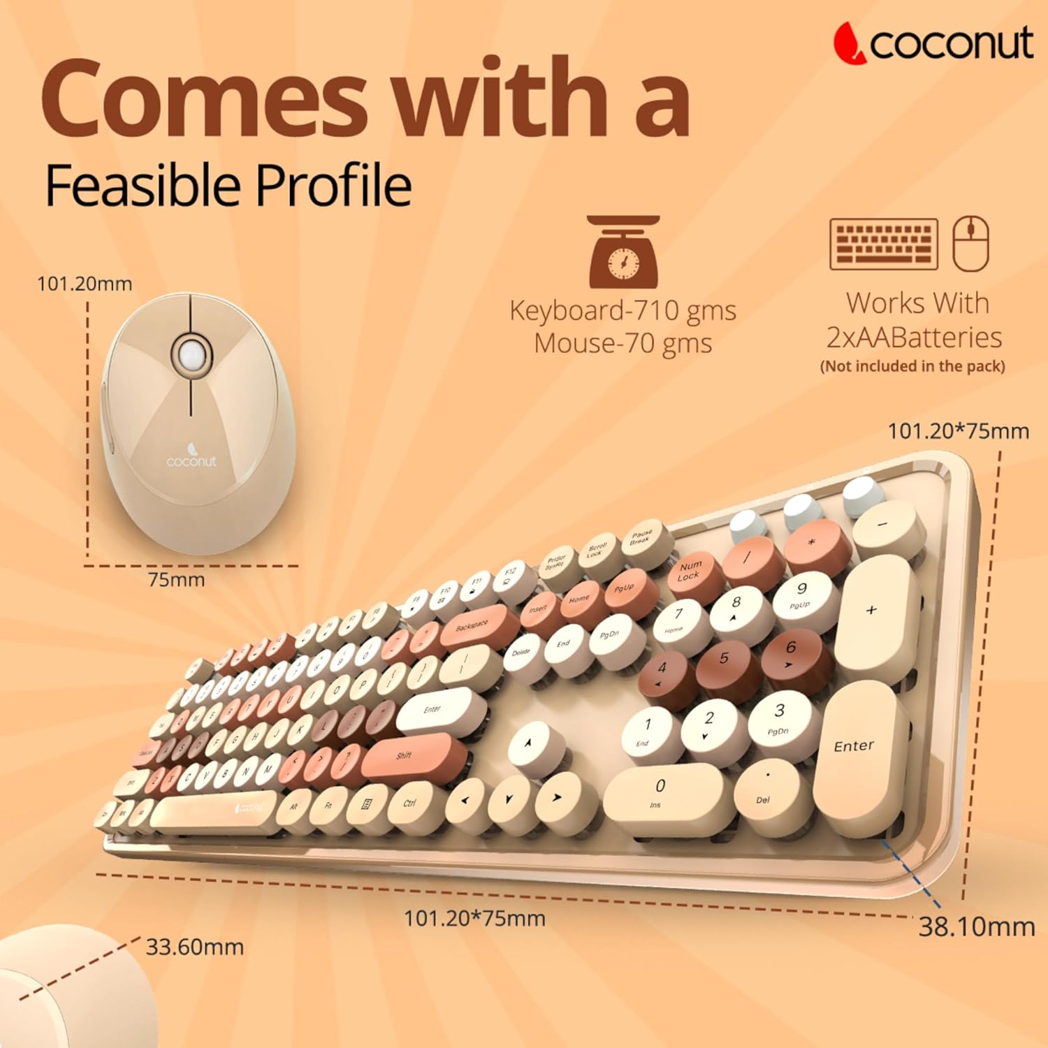 Coconut Classic Wireless Keyboard & Mouse Combo | 2.4GHz USB Keyboard and Mouse for PC & Laptop