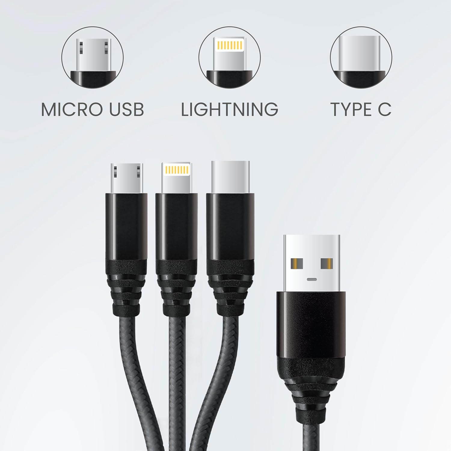 Just Corseca JST290 3-in-1 Fast Charging Cable | USB-A to Type-C, Micro USB & Lightning | 65W