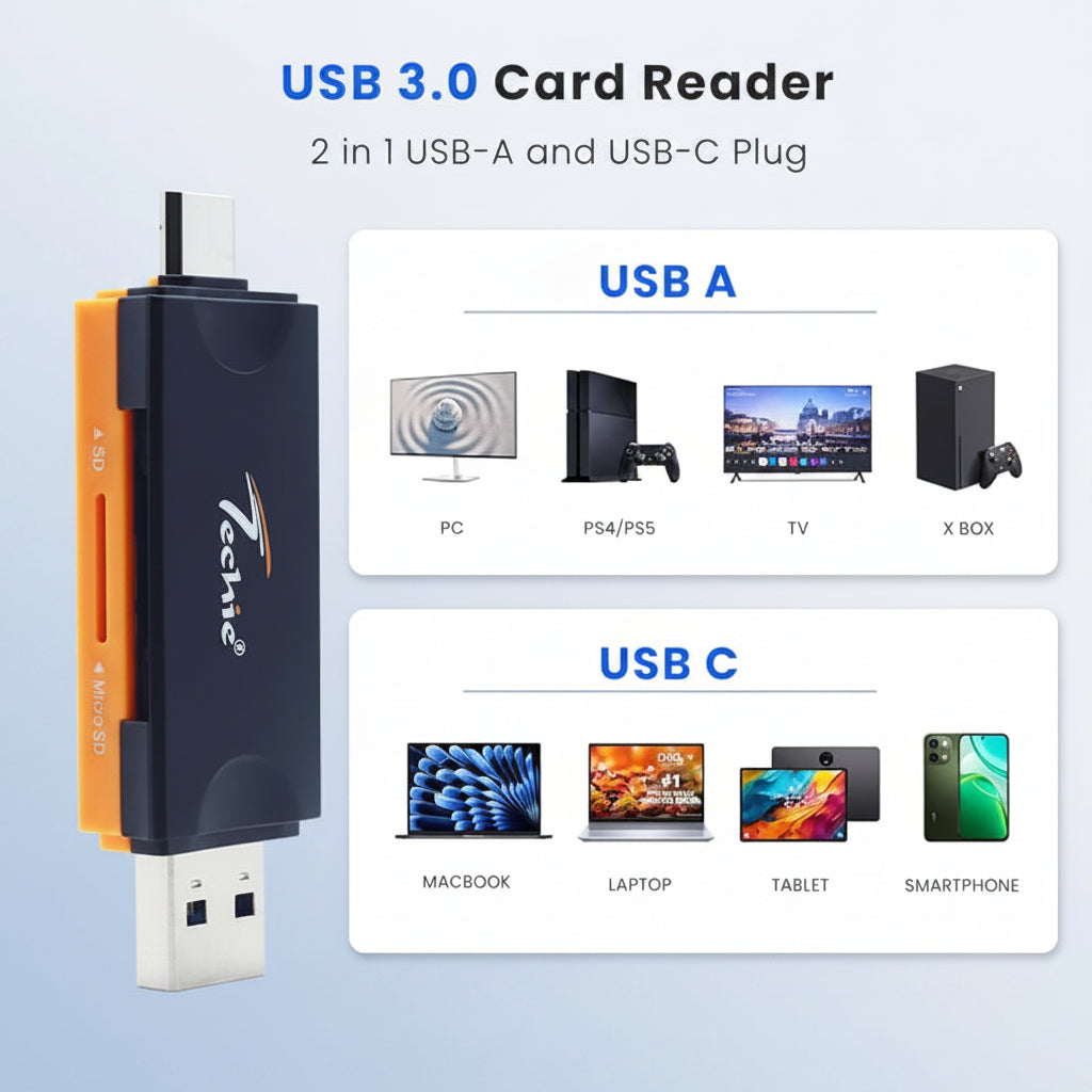 Techie | SD TF Card Reader Dual Head | HUBTC19 | USB-C USB Devices