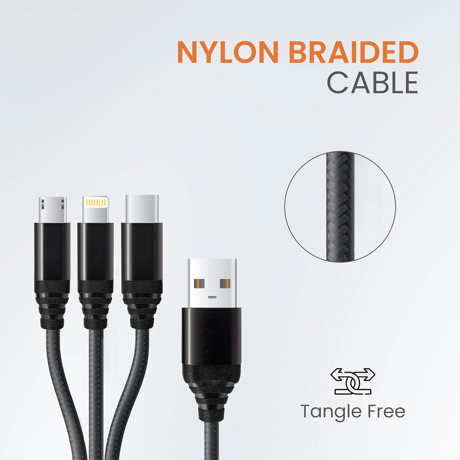 Just Corseca JST290 3-in-1 Fast Charging Cable | USB-A to Type-C, Micro USB & Lightning | 65W