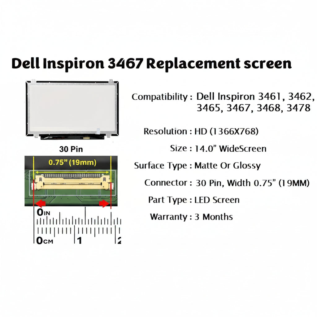 Dell Inspiron 3467 replacement screen specifications on a white background