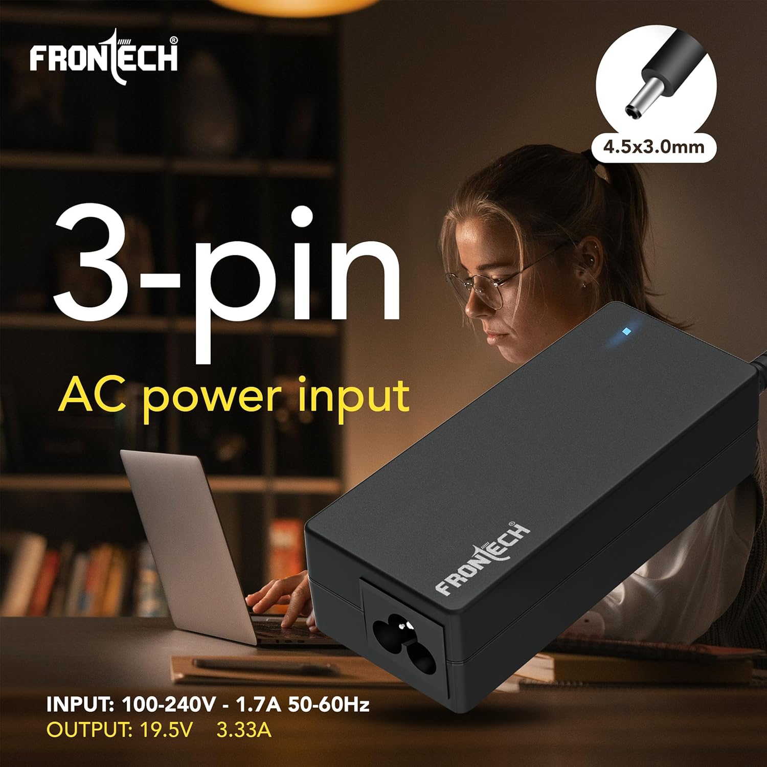 Frontech LAP-0012 65W Laptop Charger for EMC UTL Small Pin | 19V 3.42A Power Adapter | Replacement Laptop Charger