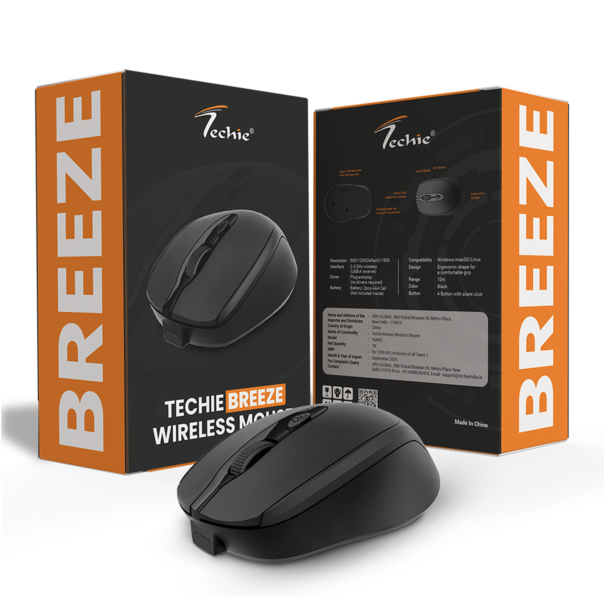 Techie TMWI1 Breeze Wireless Mouse | 2.4GHz USB Optical Mouse for PC & Laptop | Ergonomic Wireless Mouse