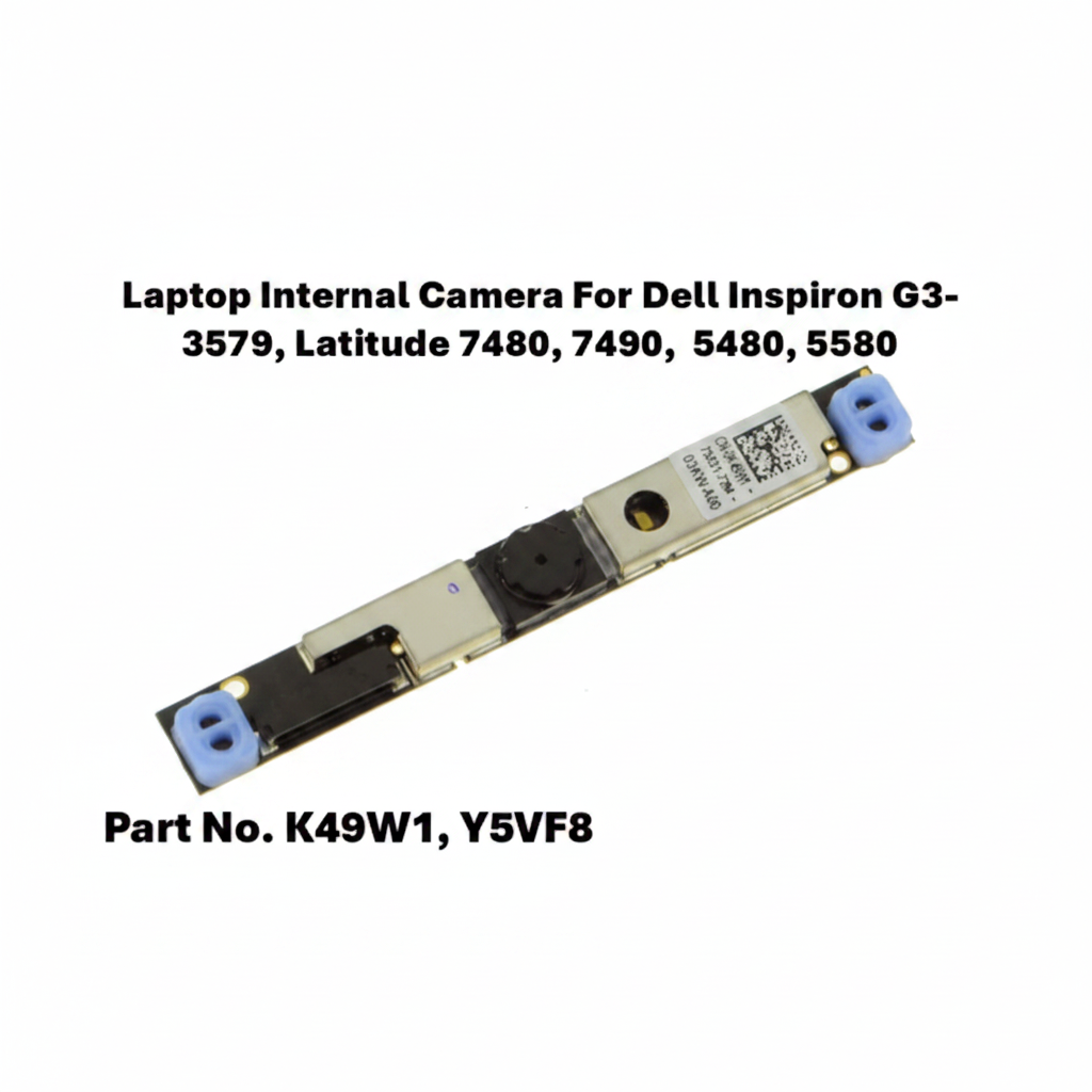 Laptop internal camera module for Dell laptops with part numbers K49W1 and Y5VF8 on a white background.