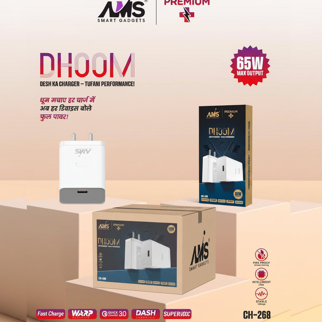 AMS Dhoom 65W Fast Charger V8 Micro USB Adapter CH-268 Smart Charging