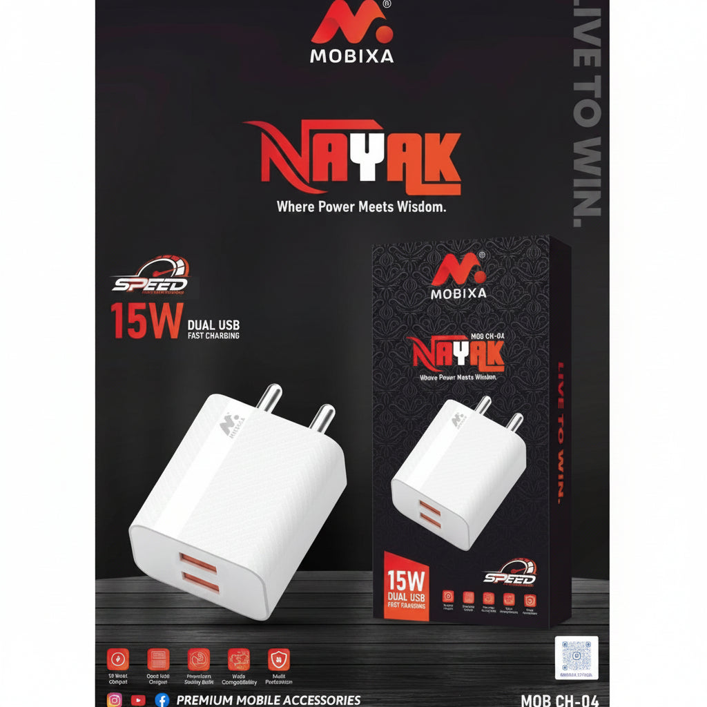 Mobixa Nayak 15W Dual USB Fast Charger V8 Micro USB Adapter CH-04