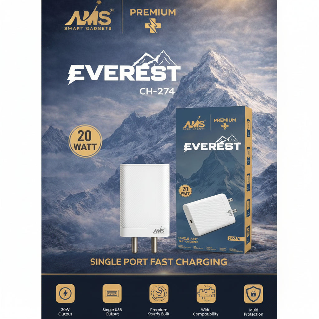 AMS Everest 20W Fast Charger CH-274 Single Port Mobile Adapter V8